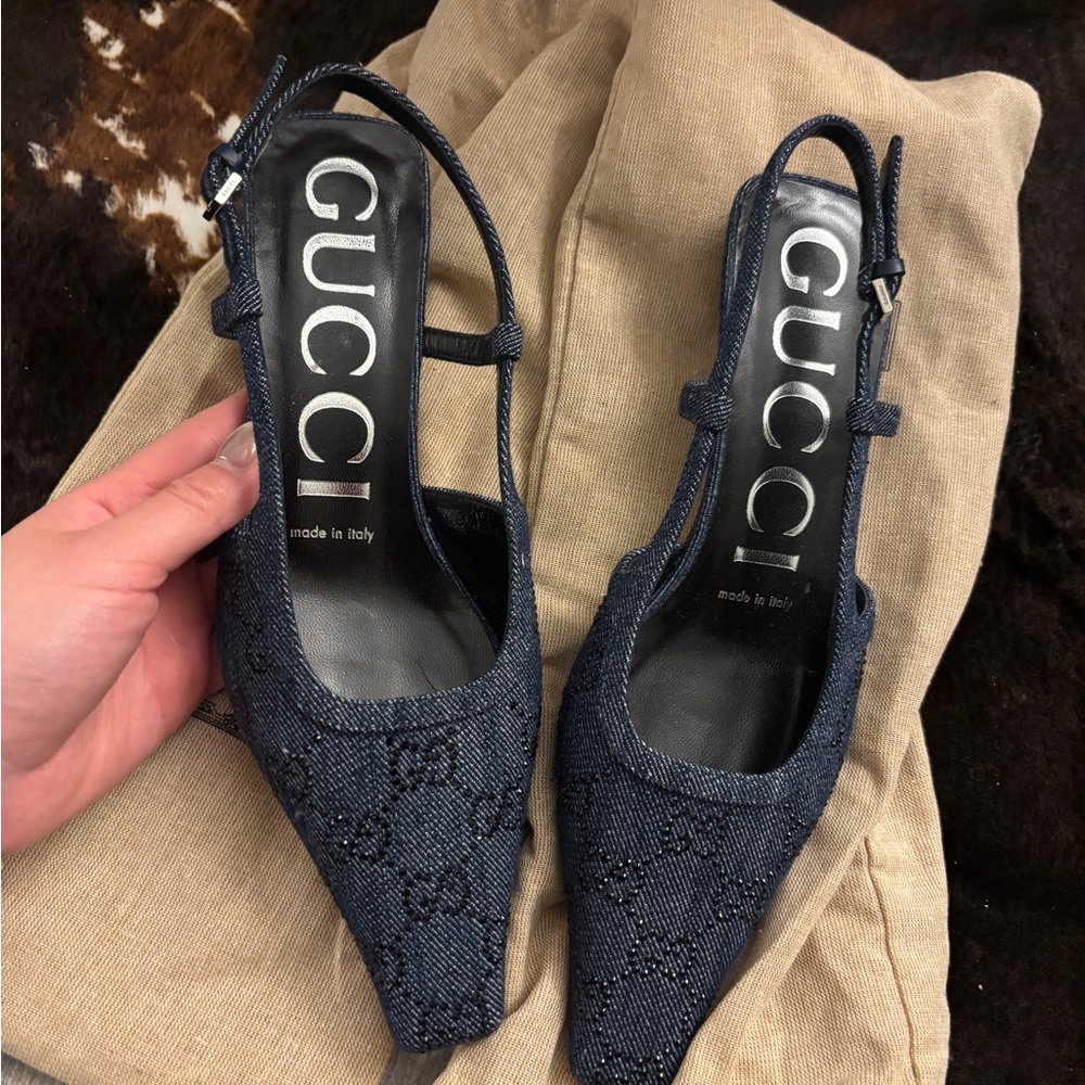 Gucci Navy Slingback heels with diamonds